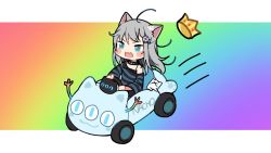 Rule 34 | 1girl, :d, ahoge, amashiro natsuki, animal ear fluff, animal ears, black camisole, black collar, blue eyes, blush stickers, camisole, cat ears, character name, chibi, collar, commentary request, crown, driving, grey hair, long hair, long sleeves, nachoneko, off shoulder, open mouth, original, rainbow gradient, shirt, smile, solo, striped clothes, striped shirt, v-shaped eyebrows, very long hair, wide sleeves
