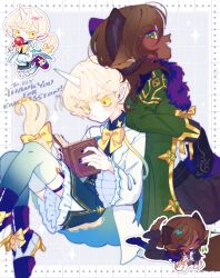 Rule 34 | 2boys, :&lt;, androgynous, animal ears, black gloves, blonde hair, blue nails, blue shorts, book, bow, bowtie, braided tail, brown hair, chibi, chibi inset, closed mouth, coat, collared shirt, colored eyelashes, commission, curled horns, dark-skinned male, dark skin, english text, foot out of frame, footwear bow, frilled shorts, frilled sleeves, frills, fur collar, fur trim, gloves, green coat, green eyes, green thighhighs, grey background, grid background, hands up, high-waist shorts, high heels, highres, holding, holding book, horns, horse tail, legwear garter, long eyelashes, long hair, long sleeves, looking at object, looking at viewer, male focus, multiple boys, open mouth, original, pointy ears, reading, shirt, short hair, shorts, single horn, skeb commission, sparkle background, tail, tail bow, tail ornament, takoya de, thank you, thick eyelashes, thighhighs, unicorn boy, unicorn horn, white coat, wide sleeves, yellow bow, yellow bowtie, yellow eyes