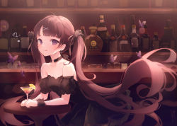 Rule 34 | 1girl, :p, animal, bar (place), bare shoulders, black dress, black ribbon, black sleeves, blush, bottle, breasts, brown hair, bug, butterfly, closed mouth, cocktail glass, collarbone, commentary request, cup, detached sleeves, dress, drinking glass, earrings, hair ornament, hair ribbon, hairclip, heart, heart earrings, indoors, insect, jewelry, long hair, looking at viewer, original, puffy short sleeves, puffy sleeves, purple eyes, ribbon, short sleeves, small breasts, smile, solo, strapless, strapless dress, suzumori uina, table, tongue, tongue out, twintails, very long hair
