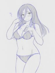 Rule 34 | 1girl, bikini, blush, breasts, character request, cleavage, commentary request, kasuga yukihito, large breasts, long hair, monochrome, solo, swimsuit