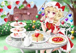 Rule 34 | 1girl, arm up, blonde hair, blue sky, blurry, cake, cake slice, chair, commentary request, cookie, cream puff, cup, day, depth of field, doughnut, elbows on table, expressionless, feet out of frame, flandre scarlet, flower, food, food-themed hair ornament, fruit, fruit tart, grass, hair flower, hair ornament, hat, hat ribbon, head tilt, heart-shaped food, hedge, holding, holding food, holding fruit, ice cream, looking at viewer, macaron, mob cap, mousse (food), neck ribbon, nyanyanoruru, outdoors, pancake, parfait, parted lips, petals, petticoat, red eyes, red skirt, red vest, ribbon, sash, saucer, scarlet devil mansion, shirt, short hair, side ponytail, sitting, skirt, sky, solo, strawberry, strawberry blossoms, strawberry hair ornament, strawberry tart, sundae, table, tart (food), teacup, teapot, tiered tray, touhou, tree, vest, white hat, white shirt, wrist cuffs, x hair ornament, yellow ribbon