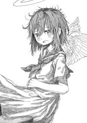 Rule 34 | 1girl, angel, angel wings, dress, feathered wings, greyscale, haibane renmei, halo, highres, holding stomach, kilsturgeon, light blush, messy hair, monochrome, open mouth, rakka (haibane), sailor, sailor collar, short hair, short sleeves, smile, solo, static cling, white background, white dress, wings