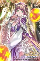 Rule 34 | 1girl, a&#039;s wonderland, breasts, brown hair, cleavage, company name, copyright name, frills, ghost, green eyes, jack-o&#039;-lantern, long hair, looking at viewer, official art, original, popqn, smile, solo, veil, wide sleeves