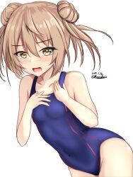 Rule 34 | 1girl, blush, breasts, brown eyes, collarbone, competition swimsuit, cowboy shot, dated, double bun, hair bun, highres, kantai collection, light brown hair, looking at viewer, michishio (kancolle), montemasa, one-piece swimsuit, open mouth, purple one-piece swimsuit, short hair, short twintails, small breasts, swimsuit, twintails, twitter username