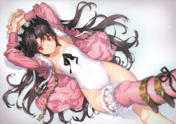 Rule 34 | 1girl, absurdres, armpits, arms up, asymmetrical legwear, black hair, breasts, covered navel, earrings, fate/grand order, fate (series), frills, fur-trimmed legwear, fur trim, highleg, highleg leotard, highres, hoop earrings, ishtar (fate), ishtar (swimsuit rider) (fate), jacket, jewelry, leotard, lips, long hair, long legs, long sleeves, looking at viewer, lying, on back, open clothes, open jacket, pink jacket, pink thighhighs, red eyes, saitou masatsugu, scan, shadow, simple background, single thighhigh, smile, solo, thighhighs, tiara, twintails, uneven legwear, white background, white leotard, zipper, zipper pull tab
