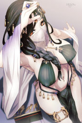 Rule 34 | 1girl, black hair, breasts, character request, circlet, copyright request, covered erect nipples, dancer, gem, jewelry, large breasts, long hair, looking at viewer, mouth veil, nijisanji, orange eyes, pelvic curtain, revealing clothes, see-through, seiza, shawl, shirayuki tomoe, signature, simple background, sitting, smile, solo, tassel, thighlet, uganda (ugandam 00), veil, virtual youtuber