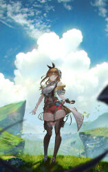 Rule 34 | 1girl, arms at sides, atelier (series), atelier ryza, atelier ryza 3, beret, black footwear, black gloves, black ribbon, black vest, blue sky, blurry, boots, bracelet, brown eyes, brown hair, chinese commentary, closed mouth, cloud, commentary request, cumulonimbus cloud, curvy, day, depth of field, floating hair, full body, gloves, grass, hair between eyes, hair ornament, hair ribbon, hairclip, hat, highres, jewelry, looking at viewer, medium hair, outdoors, red shorts, reisalin stout, ribbon, shirt, shorts, single glove, sky, sleeveless, sleeveless shirt, smile, solo, split mouth, standing, thick thighs, thigh boots, thighs, vest, white hat, white shirt, wind, xleontan