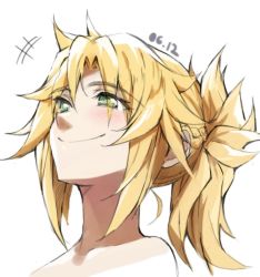 Rule 34 | +++, 1girl, blonde hair, blush, closed mouth, commentary request, dated, fate/grand order, fate (series), green eyes, happy, mordred (fate), mordred (fate/apocrypha), nude, ponytail, smile, solo, tonee, white background