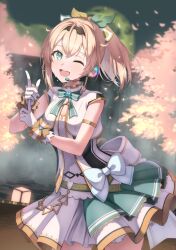 Rule 34 | 1girl, awokani, blonde hair, bow, cowboy shot, dutch angle, gloves, green bow, green eyes, hair between eyes, hairband, highres, hololive, idol, kazama iroha, leaning forward, looking at viewer, microphone, miniskirt, one eye closed, open mouth, ponytail, skirt, smile, solo, sweat, virtual youtuber, white gloves