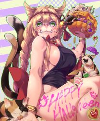 Rule 34 | 1girl, :3, animal ears, blonde hair, body writing, bottomless, bracelet, braid, breasts, candy, cat, cat ears, cat tail, curvy, facepaint, female focus, food, green eyes, halloween, happy halloween, henkyuu iwashi, highres, jack-o&#039;-lantern, jewelry, large breasts, long hair, looking at viewer, original, sideboob, slit pupils, solo, tail, thick thighs, thighs, wrapped candy