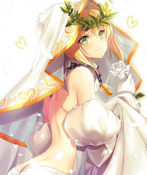 Rule 34 | 10s, 1girl, backless dress, backless outfit, bare back, bare shoulders, blonde hair, blush, bridal veil, butt crack, chain, detached sleeves, dress, fate/extra, fate (series), flower, glint, green eyes, heart, juliet sleeves, laurel crown, lock, long sleeves, looking at viewer, nero claudius (bride) (fate), nero claudius (bride) (third ascension) (fate), nero claudius (fate), nero claudius (fate) (all), padlock, puffy sleeves, rose, sakuyosi, simple background, smile, solo, upper body, veil, wedding dress, white background, white dress, white flower, white rose