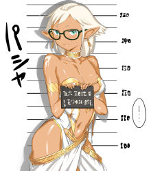 Rule 34 | 1girl, black-framed eyewear, blush, breasts, closed mouth, collar, collared shirt, contrapposto, dark-skinned female, dark skin, earrings, elf, fingernails, glasses, hands up, height chart, holding, holding sign, jewelry, looking at viewer, medium breasts, navel, o/p.com, original, pointy ears, shirt, sign, skirt, solo, standing, translation request, white hair