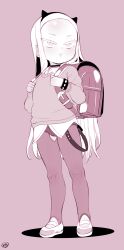 Rule 34 | 1girl, absurdres, arianna seya(born-to-die), backpack, bag, born-to-die, bracelet, child, closed mouth, collared shirt, full body, hairband, highres, jewelry, long hair, long sleeves, looking to the side, monochrome, original, pantyhose, randoseru, shirt, shoes, shorts, spiked bracelet, spikes, standing, sweater, thighs, uwabaki, very long hair