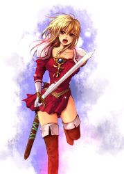 Rule 34 | 1girl, bad id, bad pixiv id, blonde hair, boots, fire emblem, fire emblem: genealogy of the holy war, jewelry, lachesis (fire emblem), long hair, mh (m20-junta), nintendo, open mouth, red eyes, shoulder pads, solo, sword, thigh boots, thighhighs, weapon, zettai ryouiki