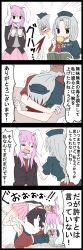 Rule 34 | 2girls, 4koma, :d, = =, animal ears, blood, blush, rabbit ears, comic, commentary request, grey hair, highres, jetto komusou, long hair, multiple girls, open mouth, pink skirt, pleated skirt, purple hair, reisen udongein inaba, skirt, smile, submission hold, touhou, translation request, trembling, white legwear, wrestling, yagokoro eirin