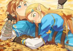 Rule 34 | 1boy, 1girl, autumn leaves, black gloves, blonde hair, blue eyes, blue tunic, blush, closed mouth, earrings, fingerless gloves, gloves, green eyes, hair ornament, hairclip, jewelry, leaf, link, long hair, looking up, lying, lying on person, nintendo, on back, pointy ears, princess zelda, short hair, strap, the legend of zelda, the legend of zelda: breath of the wild, werlosk