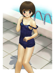 Rule 34 | 1girl, aoc cannon, blush, brown eyes, brown hair, framed, one-piece swimsuit, one-piece tan, original, outside border, pool, pool ladder, poolside, school swimsuit, shadow, short hair, solo, strap slip, swimsuit, tan, tanline, wet