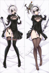 Rule 34 | 1girl, bakugadou, bed sheet, black dress, black footwear, black hairband, black thighhighs, blindfold, breasts, brown thighhighs, cleavage cutout, clothing cutout, collarbone, covered eyes, covered navel, dakimakura (medium), dress, full body, gloves, gluteal fold, groin, hairband, hand to own mouth, hand up, leotard, lips, lying, medium breasts, mole, mole under mouth, multiple views, nier:automata, nier (series), no shoes, on back, puffy short sleeves, puffy sleeves, shoes, short hair, short sleeves, side slit, silver hair, skindentation, sword, thigh gap, thigh strap, thighhighs, torn clothes, torn dress, weapon, 2b (nier:automata)