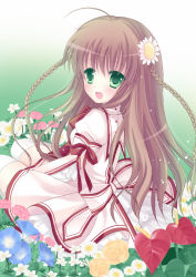 Rule 34 | 10s, 1girl, :d, ahoge, bad id, bad pixiv id, blush, braid, brown hair, field, flower, flower field, flower request, green eyes, hair flower, hair ornament, kanbe kotori, key (company), long hair, looking back, looking to the side, mana (10221125), open mouth, rewrite, school uniform, sitting, smile, solo, thighhighs, twin braids, white thighhighs