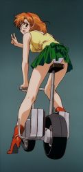 Rule 34 | 1990s (style), 1girl, agent aika, aida rion, aika (series), ass, bare arms, bare legs, bare shoulders, boots, breasts, brown eyes, brown footwear, brown hair, crotch seam, full body, glasses, green skirt, hairband, hand up, highres, kneepits, legs, looking at viewer, looking back, medium breasts, miniskirt, motor vehicle, official art, open mouth, panties, pantyshot, red hairband, retro artstyle, round eyewear, scooter, screencap, semi-rimless eyewear, short hair, simple background, skirt, sleeveless, solo, stitched, thighs, third-party edit, underwear, v, vest, white panties, yamauchi noriyasu, yellow vest