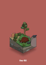 Rule 34 | absurdres, archery, arrow (projectile), boar, boulder, bow (weapon), bush, commentary request, dead animal, diorama, gozz, highres, holding, holding bow (weapon), holding weapon, hunting, isometric, original, red background, tree, tusks, weapon, x x