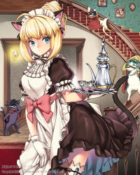 Rule 34 | 1girl, ahoge, animal ears, apron, bad id, bad pixiv id, blonde hair, blue eyes, bow, cat, cat ears, cat tail, dated, dino (trexsilence), frills, gloves, looking at viewer, maid, maid apron, maid headdress, original, solo, tail, teapot, tenkuu no crystalia, thighhighs, tray, updo, watermark, white gloves, white thighhighs