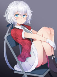 Rule 34 | 10s, 1girl, argyle, ass, bare legs, black footwear, blue eyes, blush, boots, breasts, buttons, chair, closed mouth, collared shirt, commentary request, expressionless, gloves, gradient background, grey background, grey neckerchief, honda naoki, hugging own legs, knees up, konno junko, long hair, looking at viewer, low twintails, miniskirt, neckerchief, puffy short sleeves, puffy sleeves, red shirt, school uniform, shirt, short sleeves, silver hair, sitting, skirt, small breasts, solo, twintails, undershirt, very long hair, white gloves, white shirt, white skirt, zombie land saga