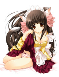 Rule 34 | 1girl, animal ears, apron, arm support, blouse, bow, bow panties, breasts, brown eyes, brown hair, cat ears, cat tail, clothes lift, hair bow, headdress, large breasts, long hair, maid, maid apron, panties, paw pose, pink panties, ribbon, shigunyan, shirt, sitting, skirt, skirt lift, solo, tail, thigh gap, thighs, underwear, very long hair