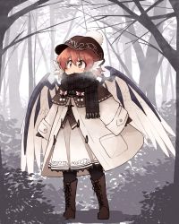 Rule 34 | 1girl, alternate costume, animal ears, beanie, bird ears, bird wings, black scarf, boots, breath, brown capelet, brown eyes, brown footwear, brown hat, capelet, coat, commentary request, cross-laced footwear, forest, full body, gloves, hat, highres, kaginoni, lace-up boots, long sleeves, mystia lorelei, nature, outdoors, red hair, scarf, solo, touhou, tree, white coat, wings, winter