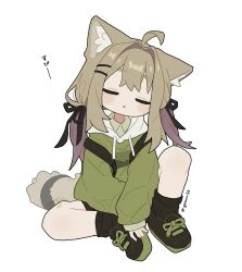 1girl :&lt; ahoge animal_ear_fluff animal_ears artist_name backpack bag bandaid bandaid_on_knee bandaid_on_leg between_legs black_ribbon black_shoes black_shorts black_socks blush blush_stickers brown_hair cat_ears cat_girl cat_tail chibi closed_eyes collared_shirt drawstring dress_shirt facing_viewer full_body gawwr33 green_hoodie green_jacket green_shirt green_shoes hair_intakes hair_ornament hair_ribbon hairclip hand_between_legs head_tilt highres hood hood_down hooded_jacket hoodie jacket kipfel_(vrchat) knee_up long_hair long_sleeves loose_socks low_twintails multicolored_hair open_mouth parted_lips puffy_long_sleeves puffy_sleeves purple_hair ribbon shirt shoes short_shorts shorts sidelocks simple_background sitting sleeping sleeping_upright sleeves_past_wrists sneakers socks solo streaked_hair striped_tail tail triangle_mouth twintails twitter_username two-tone_hair vrchat white_background white_hoodie