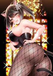 Rule 34 | 1girl, animal ears, ass, bare arms, bare shoulders, black hair, black leotard, breasts, brown pantyhose, cat ears, cat girl, cat tail, commission, final fantasy, final fantasy xiv, fishnet pantyhose, fishnets, flower, grey hair, hair between eyes, hair flower, hair ornament, large breasts, leotard, looking at viewer, looking back, miqo&#039;te, pantyhose, ponytail, skeb commission, solo, sorai shin&#039;ya, stained glass, strapless, strapless leotard, tail, white flower
