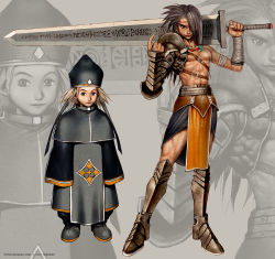 Rule 34 | 2boys, armored boots, astonishia story 2, asymmetrical hair, black capelet, black eyes, black pants, blonde hair, blue eyes, boots, brown hair, capelet, chest strap, closed mouth, commentary, earrings, english commentary, full body, gauntlets, greatsword, hair between eyes, hair over one eye, hat, hattake, highres, holding, holding sword, holding weapon, jewelry, limha lekan, long hair, looking at viewer, magatama, magatama necklace, male focus, mitre, multiple boys, necklace, official art, pants, pelledhorr, pelvic curtain, runes, smile, standing, sword, veins, veiny thighs, weapon, zoom layer