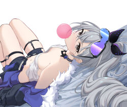 Rule 34 | 1girl, absurdres, bare shoulders, black choker, black jacket, black shorts, blowing bubbles, chewing gum, choker, commentary, crop top, drill hair, english commentary, eyewear on head, feint721, fur-trimmed jacket, fur trim, grey eyes, grey hair, hair between eyes, highres, honkai: star rail, honkai (series), jacket, knees up, long hair, looking at viewer, looking back, lying, micro shorts, midriff, navel, off shoulder, on back, ponytail, shirt, short shorts, shorts, silver wolf (honkai: star rail), simple background, single-shoulder shirt, skindentation, solo, stomach, sunglasses, thigh strap, thighs, white background, white shirt