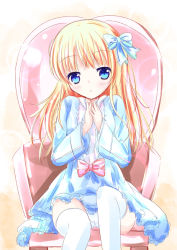 Rule 34 | 1girl, armchair, blonde hair, blue bow, blue dress, blue eyes, blush, bow, cameltoe, chair, commentary request, dress, hair bow, head tilt, long hair, long sleeves, looking at viewer, original, own hands together, panties, parted lips, red bow, shihou haru, sitting, solo, thighhighs, underwear, white panties, white thighhighs, wide sleeves