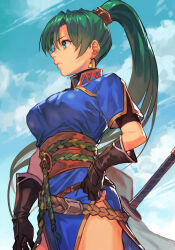 Rule 34 | 1girl, belt, black gloves, blue dress, blue sky, breasts, brown belt, closed mouth, cloud, cloudy sky, cowboy shot, day, dress, earrings, expressionless, fire emblem, fire emblem: the blazing blade, from side, gloves, gold trim, green eyes, green hair, hungry clicker, jewelry, katana, lips, long hair, lyn (fire emblem), medium breasts, nintendo, outdoors, parted bangs, pelvic curtain, ponytail, profile, rope belt, sash, scabbard, sheath, sheathed, short sleeves, side slit, sky, sleeveless, sleeveless dress, solo, standing, sword, thighs, weapon