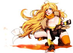 Rule 34 | 1girl, :p, bad id, bad pixiv id, belt, black gloves, blonde hair, boots, breasts, cleavage, fighting stance, fingerless gloves, full body, gloves, jacket, large breasts, long hair, md5 mismatch, purple eyes, rwby, short sleeves, shorts, smile, solo, thighhighs, tongue, tongue out, uguisu05, uguisu (ryu), white background, yang xiao long