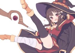 1girl bandaged_leg bandages belt black_choker black_gloves black_panties black_thighhighs blush boots brown_belt brown_hair cape choker dress fingerless_gloves gamuo gloves hat kono_subarashii_sekai_ni_shukufuku_wo! looking_at_viewer megumin open_mouth panties pantyshot red_dress red_eyes short_hair short_hair_with_long_locks simple_background single_thighhigh smile solo staff thighhighs underwear w white_background witch_hat