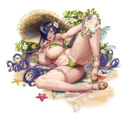 Rule 34 | alcohol, ass, beach, beach towel, beer, beer mug, bikini, blue hair, breasts, cleavage, cup, curly hair, destiny child, flower, hair flower, hair ornament, hat, holding mug, large breasts, mug, nail polish, navel, phorcys (destiny child), sand, sandals, skindentation, spread legs, starfish, sunglasses on head, sweat, swimsuit, thigh strap, thighs, towel, transparent background, wet, wide hips