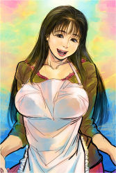 Rule 34 | 1girl, animification, apron, black hair, breasts, brown eyes, fangs, highres, housewife, inoue kikuko, kishizuka kenji, long hair, mature female, open mouth, real life, real life insert, solo, voice actor connection