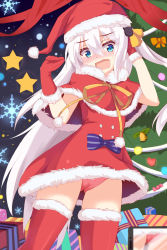 Rule 34 | 1girl, azur lane, bell, blue eyes, blurry, blush, bow, box, cameltoe, capelet, cat hair ornament, cellphone, christmas, christmas lights, christmas tree, commentary request, dress, fang, fur-trimmed capelet, fur-trimmed dress, fur-trimmed gloves, fur-trimmed headwear, fur-trimmed legwear, fur trim, gift, gift box, gloves, hair bell, hair between eyes, hair ornament, hammann (azur lane), hat, head tilt, highres, long hair, looking down, nose blush, open mouth, orange bow, panties, phone, pink panties, pom pom (clothes), purple bow, qi ye shao yan, red capelet, red gloves, red hat, red ribbon, red thighhighs, ribbon, santa costume, santa gloves, santa hat, silver hair, smartphone, snowflakes, solo, star (symbol), striped, striped bow, thighhighs, two side up, underwear, very long hair, yellow ribbon