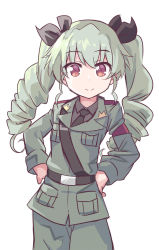 Rule 34 | 10s, 1girl, anchovy (girls und panzer), anzio military uniform, belt, black belt, black neckwear, black ribbon, black shirt, chikuwa (majihima), closed mouth, commentary, cowboy shot, dress shirt, drill hair, girls und panzer, green hair, grey jacket, grey pants, hair ribbon, hands on own hips, jacket, long hair, long sleeves, looking at viewer, military, military uniform, necktie, pants, red eyes, ribbon, sam browne belt, shirt, simple background, smile, standing, suja, twin drills, twintails, uniform, white background