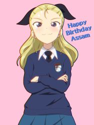 Rule 34 | 1girl, assam (girls und panzer), black necktie, black pantyhose, black ribbon, blonde hair, blue eyes, blue skirt, blue sweater, character name, closed mouth, commentary, crossed arms, dress shirt, emblem, english text, girls und panzer, gogopaint, hair pulled back, hair ribbon, happy birthday, highres, long hair, long sleeves, looking at viewer, miniskirt, necktie, pantyhose, pink background, pleated skirt, ribbon, school uniform, shirt, simple background, skirt, smile, solo, st. gloriana&#039;s (emblem), st. gloriana&#039;s school uniform, standing, sweater, v-neck, white shirt, wing collar
