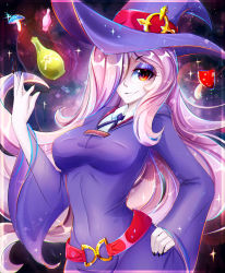 Rule 34 | 1girl, absurdres, belt, breasts, hair over one eye, hat, highres, koveliana, lips, little witch academia, mushroom, pink eyes, pink hair, potion, solo, sucy manbavaran, teeth, upper body, wide sleeves, witch hat
