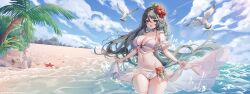 Rule 34 | 1girl, bare arms, bare shoulders, beach, bikini, bird, blue eyes, breasts, cleavage, cloud, commission, day, flower, front-tie bikini top, front-tie top, grey hair, hair flower, hair ornament, halterneck, hibiscus, highres, large breasts, long hair, looking at viewer, navel, ocean, open mouth, original, outdoors, palm tree, sand castle, sand sculpture, sarong, seagull, second-party source, shiro albino, skindentation, smile, solo, standing, stomach, strap gap, string bikini, swimsuit, thighs, tree, very long hair, wading, water, wet, white bikini, wide shot