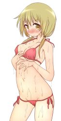 Rule 34 | &gt;:(, 1girl, bikini, blonde hair, blush, breasts, cleavage, closed mouth, collarbone, frown, full-face blush, hand on own stomach, ichii yui, long hair, looking at viewer, lotion, low twintails, mel (melty pot), navel, red bikini, side-tie bikini bottom, simple background, solo, string bikini, swimsuit, tareme, thighs, twintails, v-shaped eyebrows, wavy mouth, white background, yellow eyes, yuyushiki
