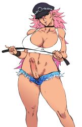 Rule 34 | 1futa, bare legs, big hair, black panties, blue eyes, blue shorts, breasts, capcom, censored, choker, cleavage, cutoffs, erection, final fight, futanari, hat, highres, kyuraa (kyura9een), large breasts, long hair, mosaic censoring, newhalf, panties, peaked cap, penis, pink hair, pinky out, poison (final fight), riding crop, short shorts, shorts, solo, street fighter, underwear