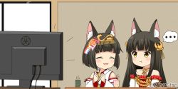 Rule 34 | ..., 2girls, :3, :t, ^ ^, animal ear fluff, animal ears, azur lane, bare shoulders, black hair, blush, brown eyes, closed eyes, closed mouth, collarbone, commentary request, cup, detached sleeves, dress, eating, flat screen tv, fox ears, fox girl, fox tail, hair ornament, headpiece, japanese clothes, kimono, long hair, long sleeves, mitya, multiple girls, mutsu (azur lane), nagato (azur lane), open mouth, pleated dress, red dress, sleeveless, sleeveless kimono, spoken ellipsis, strapless, strapless dress, sweat, tail, television, twitter username, v-shaped eyebrows, very long hair, white kimono, white sleeves, wide sleeves, yunomi