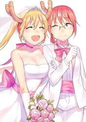 Rule 34 | 10s, 2girls, :d, arm hug, bare shoulders, blonde hair, blush, bouquet, breasts, bridal veil, bride, dragon horns, dress, earrings, elbow gloves, closed eyes, fang, flower, glasses, gloves, groom, horns, jewelry, kobayashi-san chi no maidragon, kobayashi (maidragon), large breasts, multiple girls, one eye closed, open mouth, pink flower, red eyes, red hair, smile, strapless, strapless dress, tiara, tiny (tini3030), tohru (maidragon), tuxedo, twintails, veil, wedding dress, white gloves, wife and wife, yuri