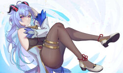 Rule 34 | 1girl, artist name, bare shoulders, bell, black pantyhose, blue hair, breasts, chinese knot, detached sleeves, expressionless, floating, full body, ganyu (genshin impact), genshin impact, goat girl, goat horns, hand in own hair, high heels, highres, horns, leotard, looking at viewer, medium breasts, nocta felis, pantyhose, red eyes, solo, thighlet, thighs