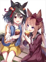 Rule 34 | 2girls, absurdres, alternate costume, animal ears, bench, black hair, casual, commentary request, food, hair ornament, highres, horse ears, horse girl, horse tail, kitasan black (umamusume), long hair, medium hair, multiple girls, open mouth, sweep tosho (umamusume), sweet potato, tail, umamusume, white background, yamada auto